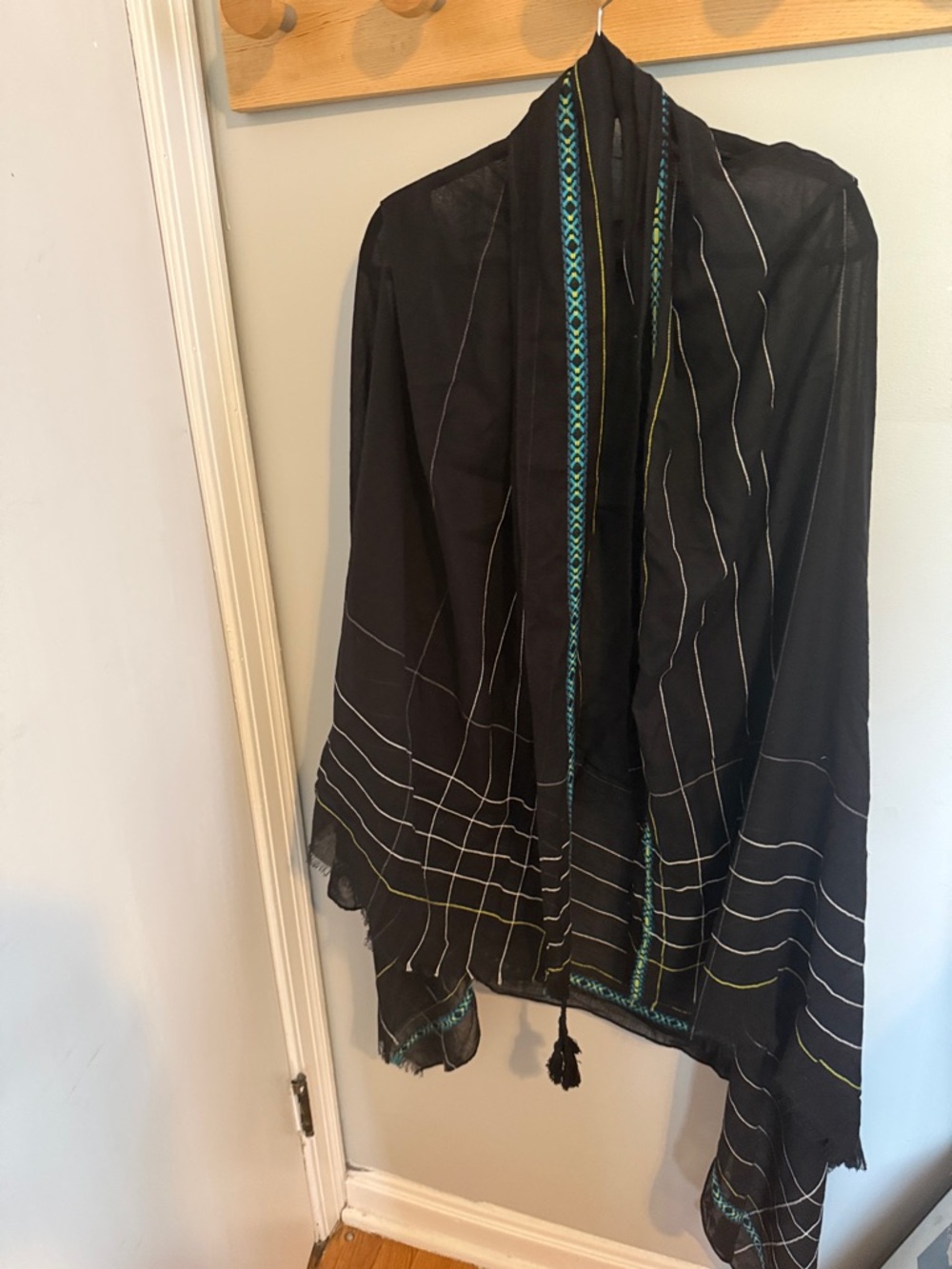 Black Embroidered Lightweight Shawl with Teal Accents
